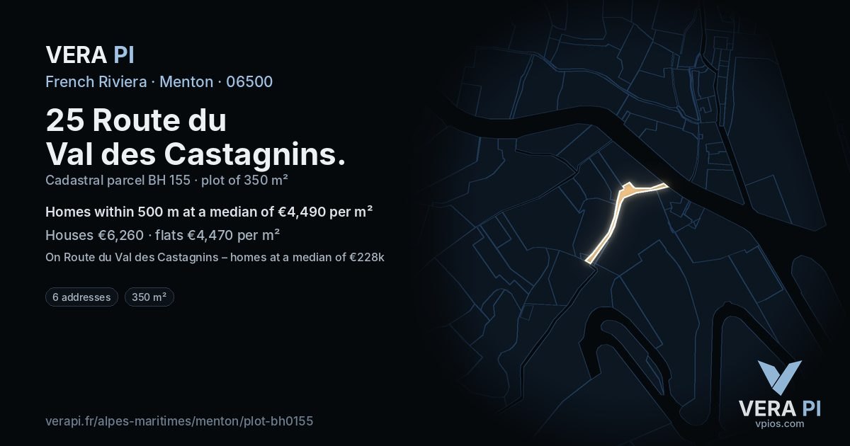 25 Route du Val des Castagnins, Menton at night – the plot lit, the parcels around coloured by the prices near them