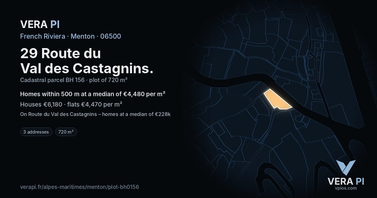 29 Route du Val des Castagnins, Menton at night – the plot lit, the parcels around coloured by the prices near them