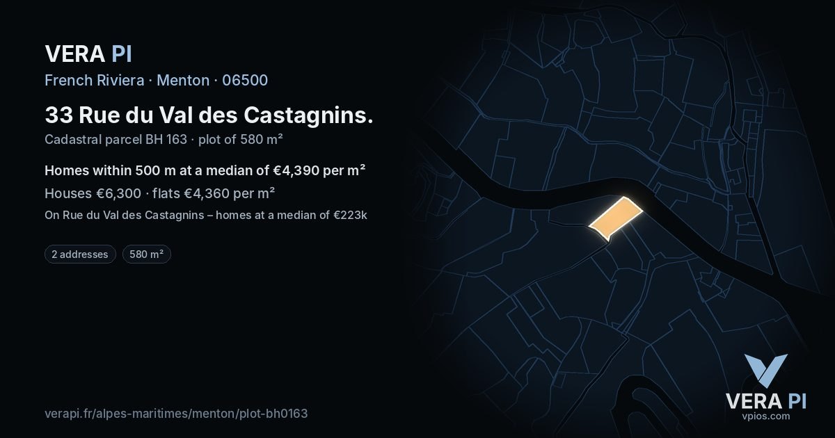33 Rue du Val des Castagnins, Menton at night – the plot lit, the parcels around coloured by the prices near them