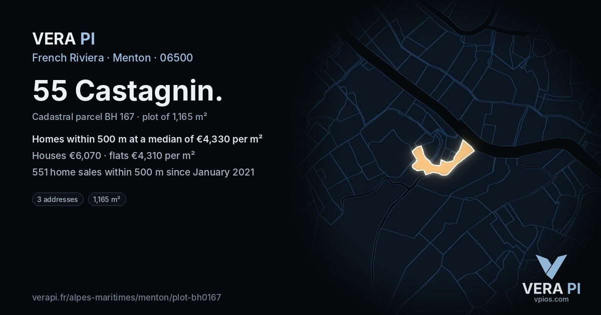 55 Castagnin, Menton at night – the plot lit, the parcels around coloured by the prices near them