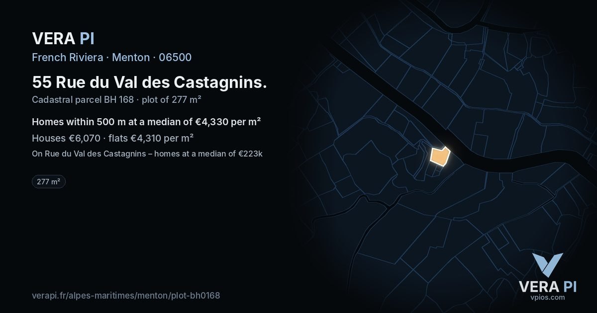 55 Rue du Val des Castagnins, Menton at night – the plot lit, the parcels around coloured by the prices near them