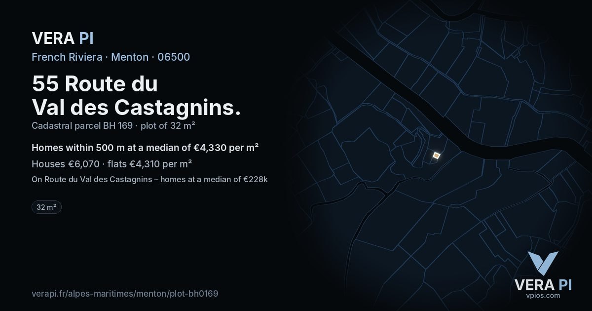 55 Route du Val des Castagnins, Menton at night – the plot lit, the parcels around coloured by the prices near them