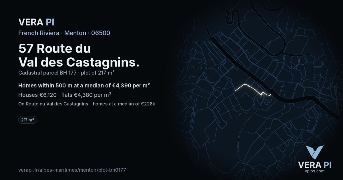 57 Route du Val des Castagnins, Menton at night – the plot lit, the parcels around coloured by the prices near them