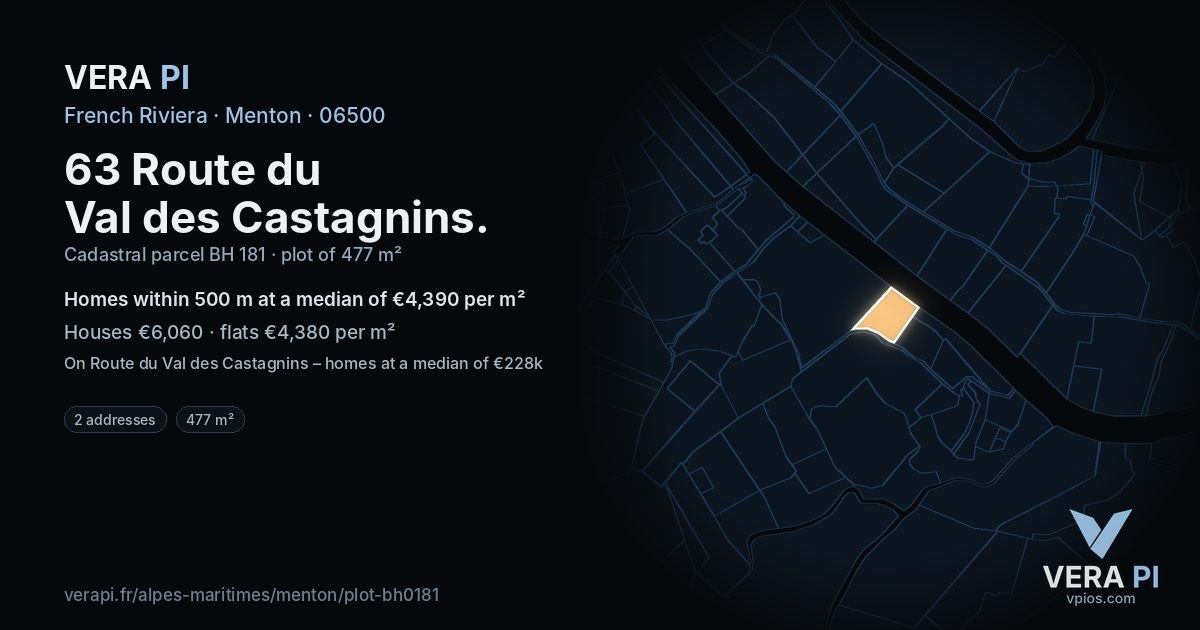 63 Route du Val des Castagnins, Menton at night – the plot lit, the parcels around coloured by the prices near them