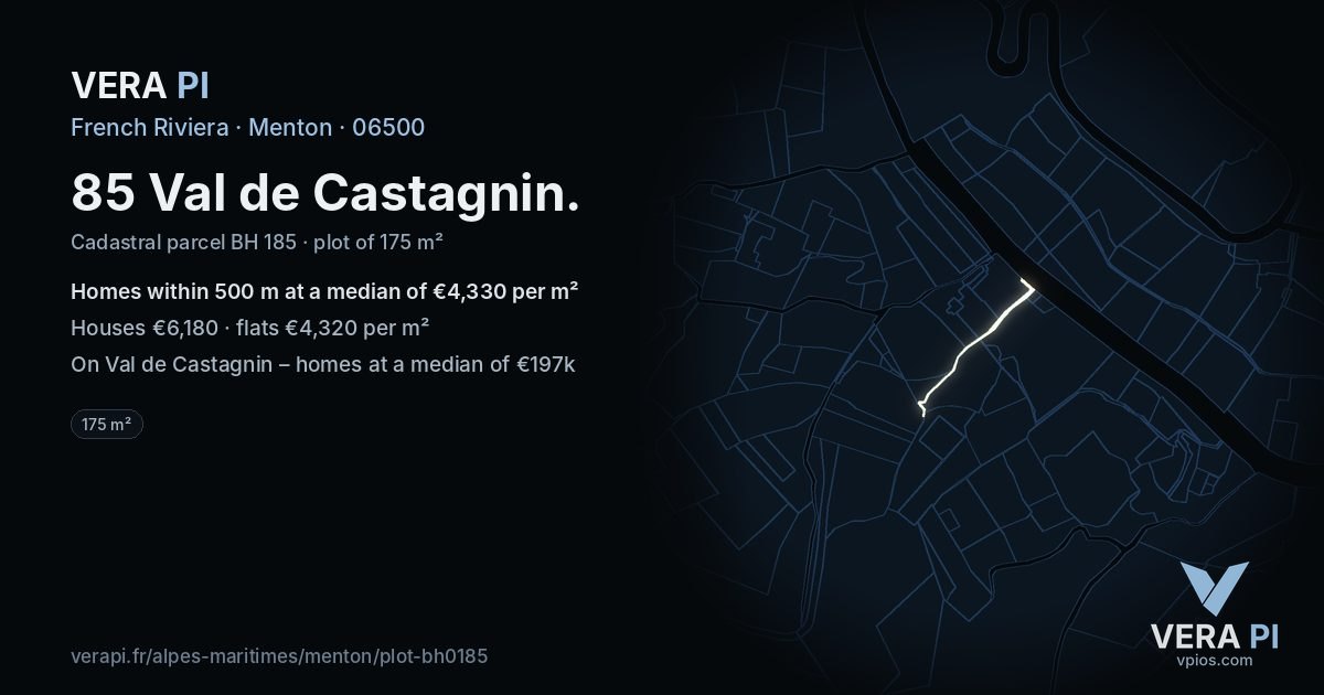 85 Val de Castagnin, Menton at night – the plot lit, the parcels around coloured by the prices near them