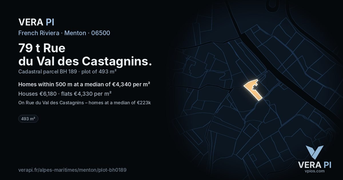 79 t Rue du Val des Castagnins, Menton at night – the plot lit, the parcels around coloured by the prices near them