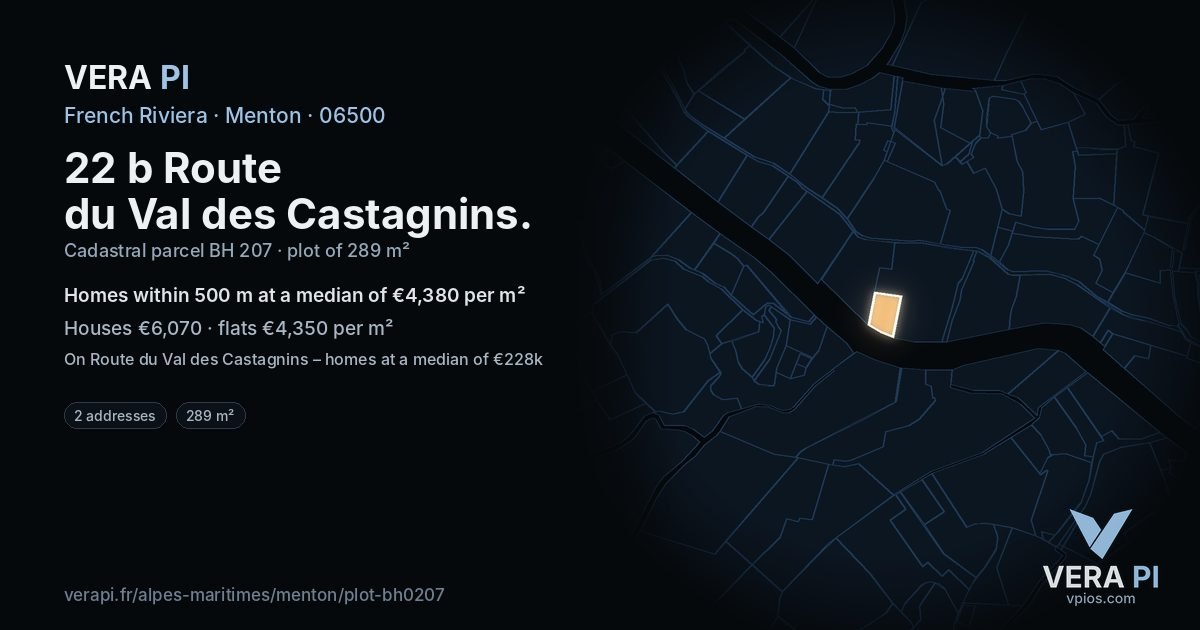 22 b Route du Val des Castagnins, Menton at night – the plot lit, the parcels around coloured by the prices near them