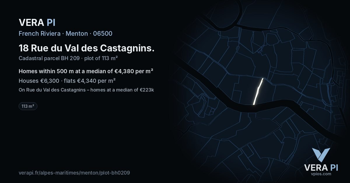 18 Rue du Val des Castagnins, Menton at night – the plot lit, the parcels around coloured by the prices near them