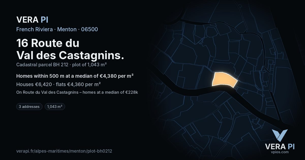 16 Route du Val des Castagnins, Menton at night – the plot lit, the parcels around coloured by the prices near them
