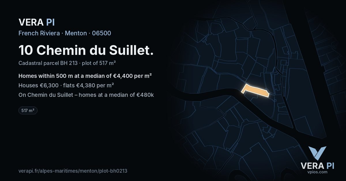 10 Chemin du Suillet, Menton at night – the plot lit, the parcels around coloured by the prices near them