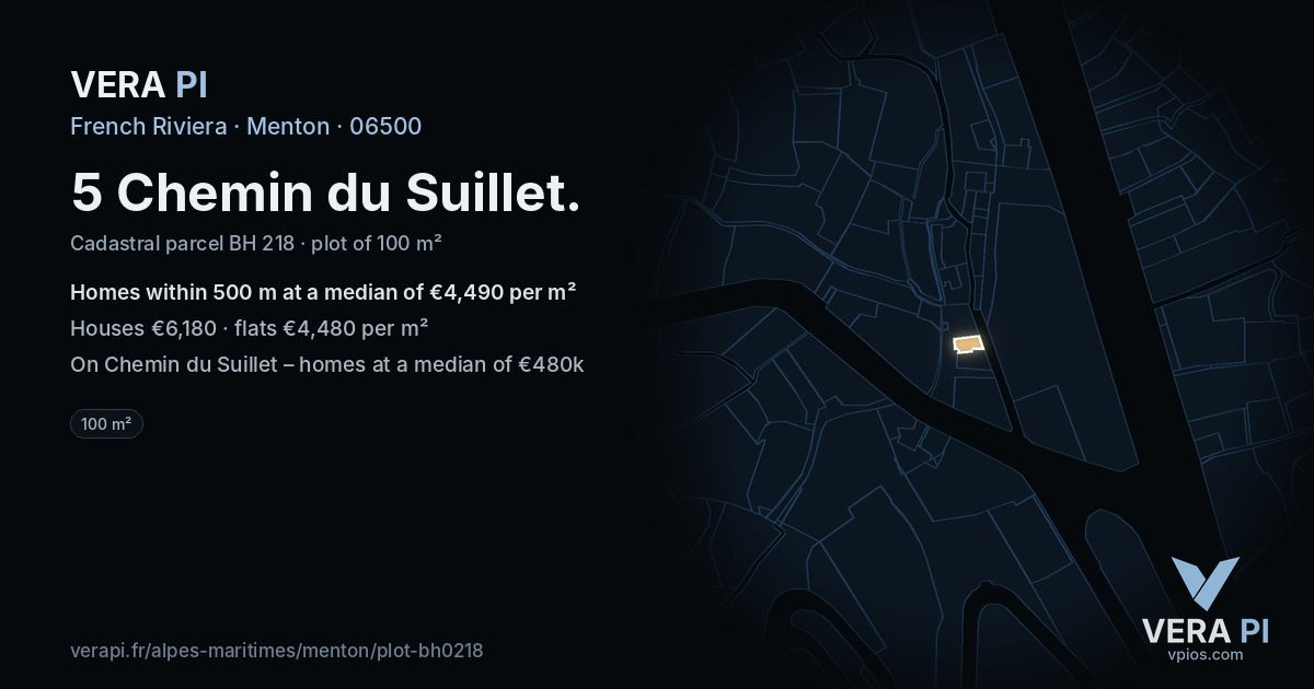 5 Chemin du Suillet, Menton at night – the plot lit, the parcels around coloured by the prices near them