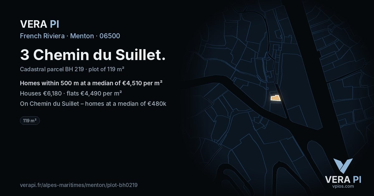 3 Chemin du Suillet, Menton at night – the plot lit, the parcels around coloured by the prices near them