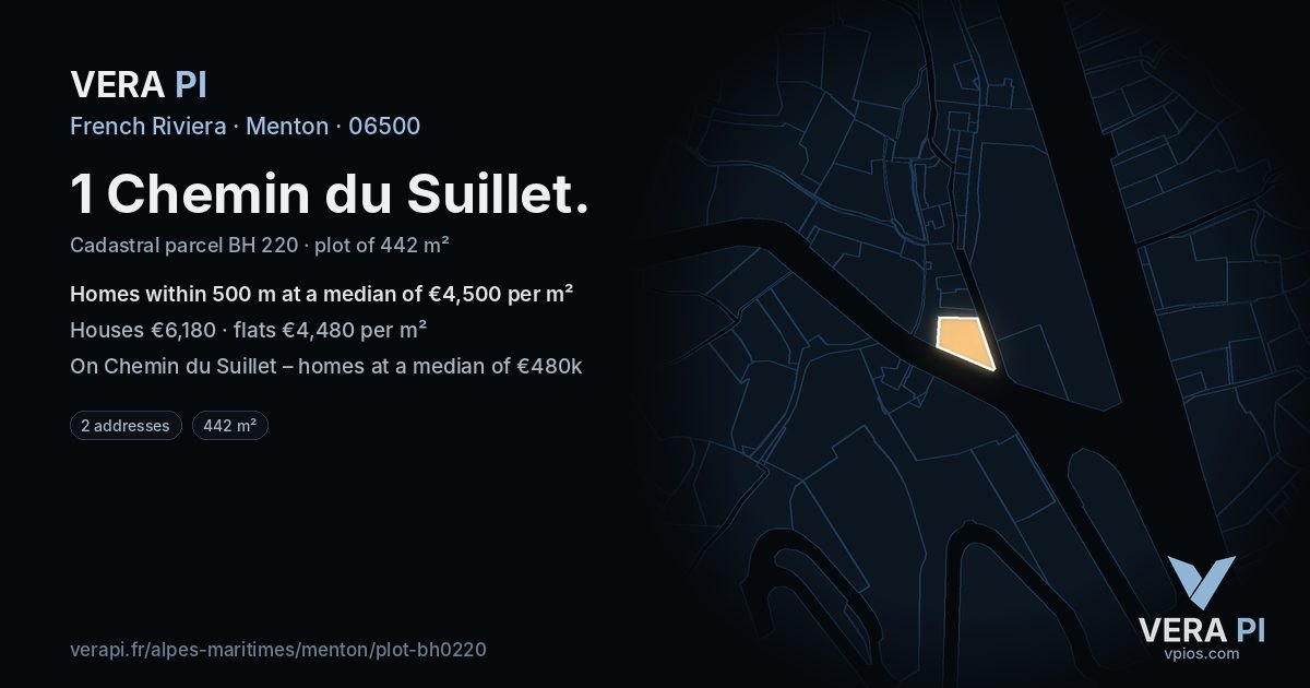 1 Chemin du Suillet, Menton at night – the plot lit, the parcels around coloured by the prices near them