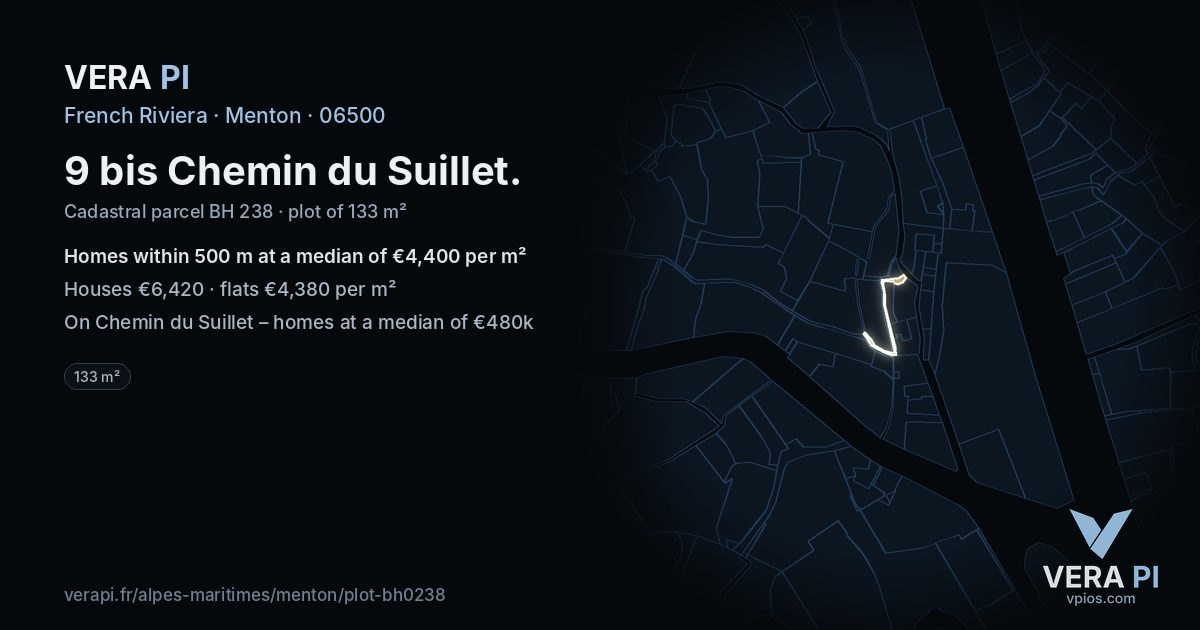 9 bis Chemin du Suillet, Menton at night – the plot lit, the parcels around coloured by the prices near them