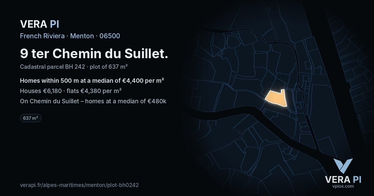9 ter Chemin du Suillet, Menton at night – the plot lit, the parcels around coloured by the prices near them