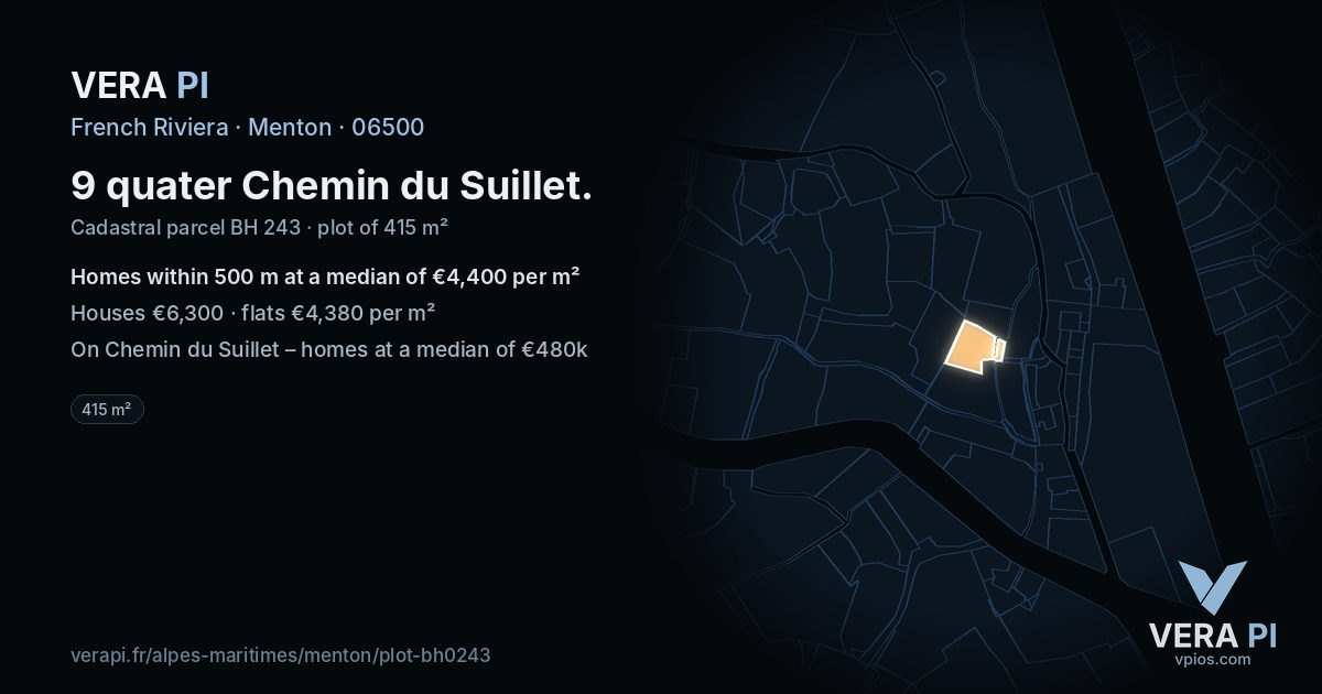 9 quater Chemin du Suillet, Menton at night – the plot lit, the parcels around coloured by the prices near them