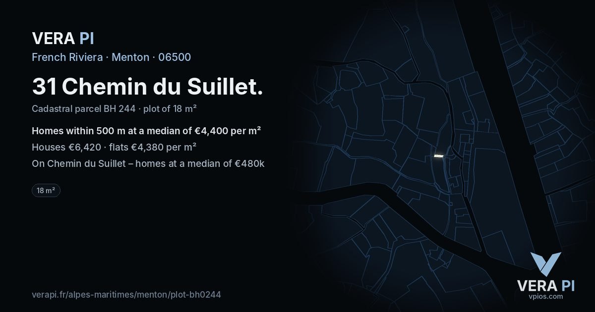 31 Chemin du Suillet, Menton at night – the plot lit, the parcels around coloured by the prices near them