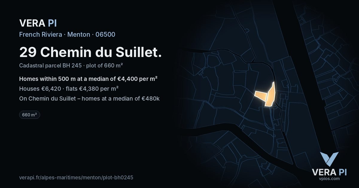 29 Chemin du Suillet, Menton at night – the plot lit, the parcels around coloured by the prices near them