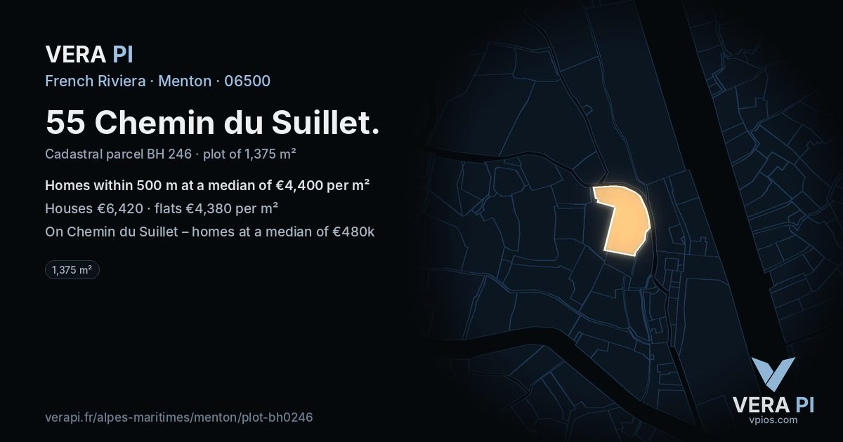 55 Chemin du Suillet, Menton at night – the plot lit, the parcels around coloured by the prices near them