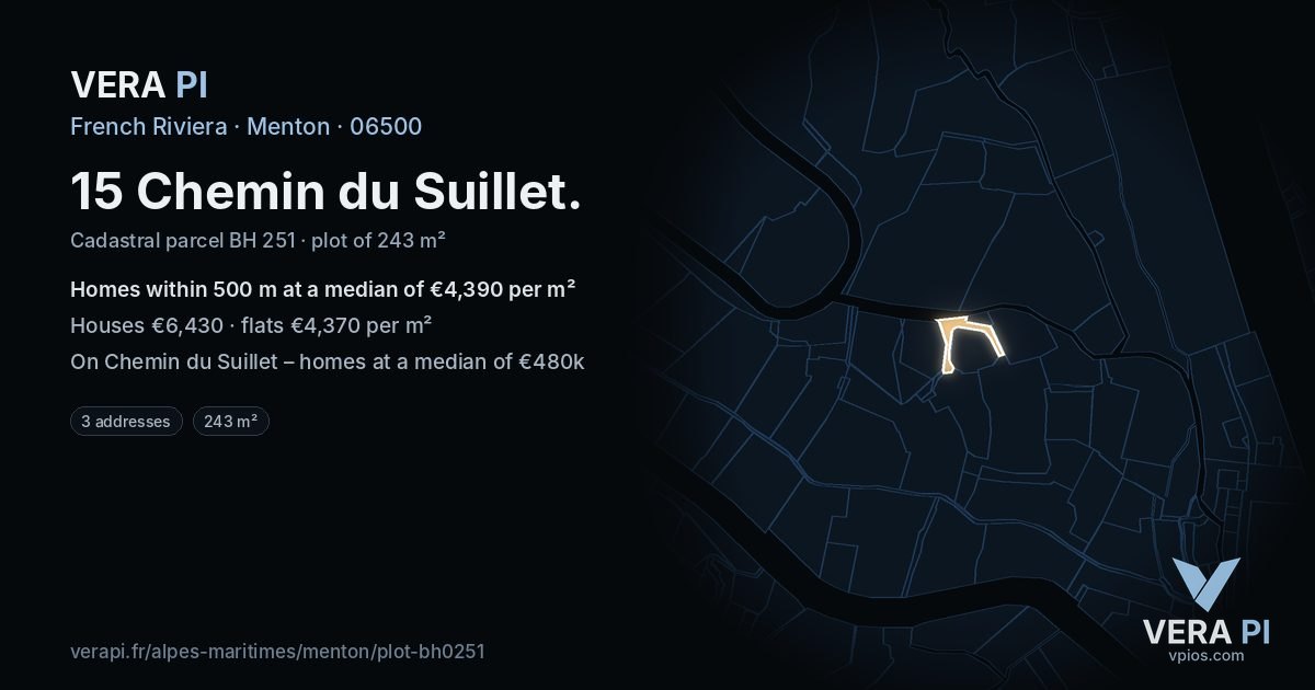 15 Chemin du Suillet, Menton at night – the plot lit, the parcels around coloured by the prices near them