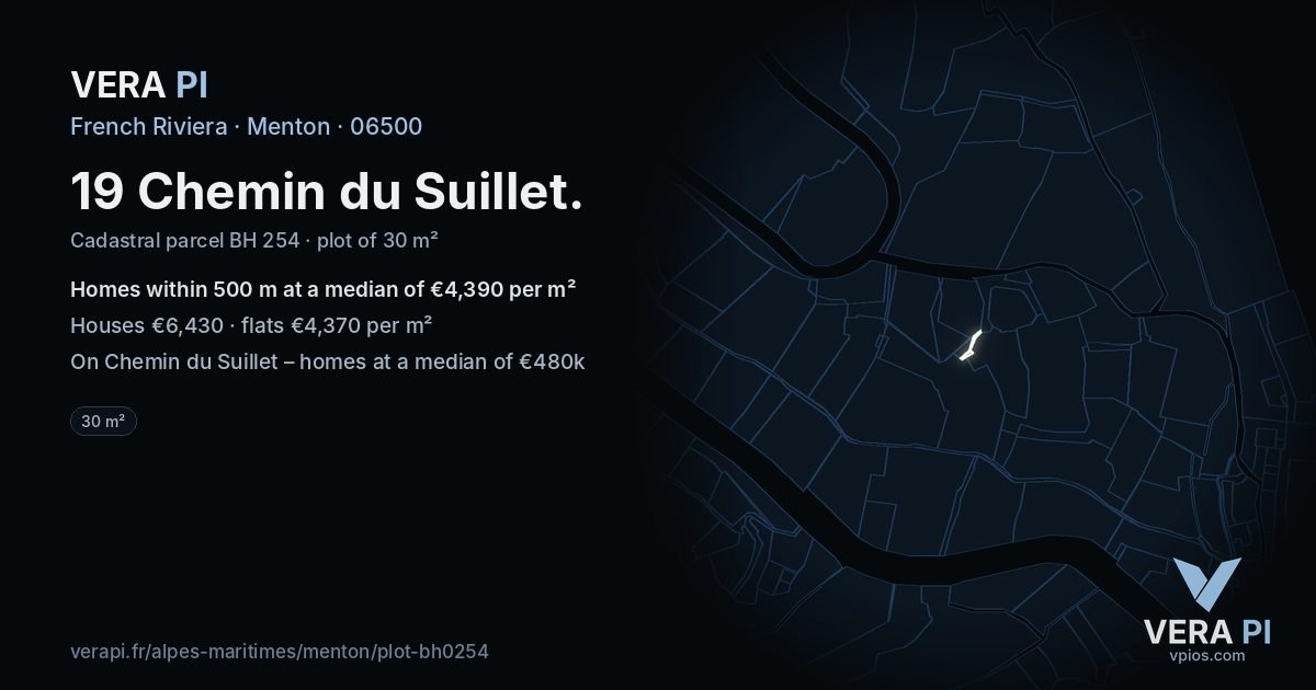 19 Chemin du Suillet, Menton at night – the plot lit, the parcels around coloured by the prices near them
