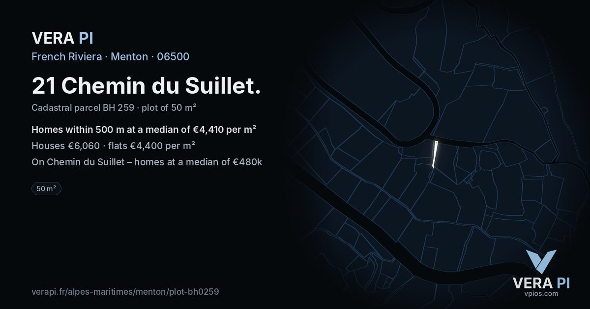 21 Chemin du Suillet, Menton at night – the plot lit, the parcels around coloured by the prices near them