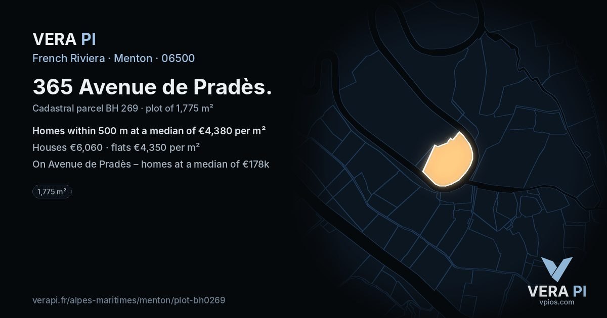 365 Avenue de Pradès, Menton at night – the plot lit, the parcels around coloured by the prices near them