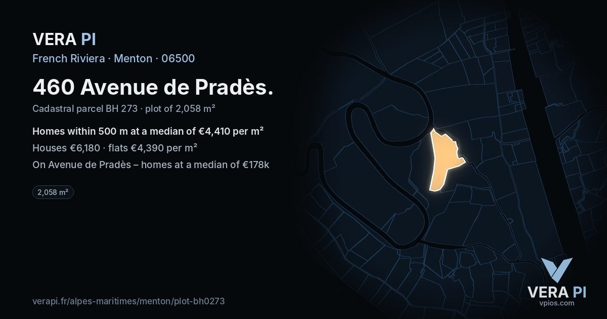 460 Avenue de Pradès, Menton at night – the plot lit, the parcels around coloured by the prices near them
