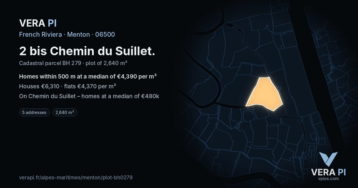 2 bis Chemin du Suillet, Menton at night – the plot lit, the parcels around coloured by the prices near them