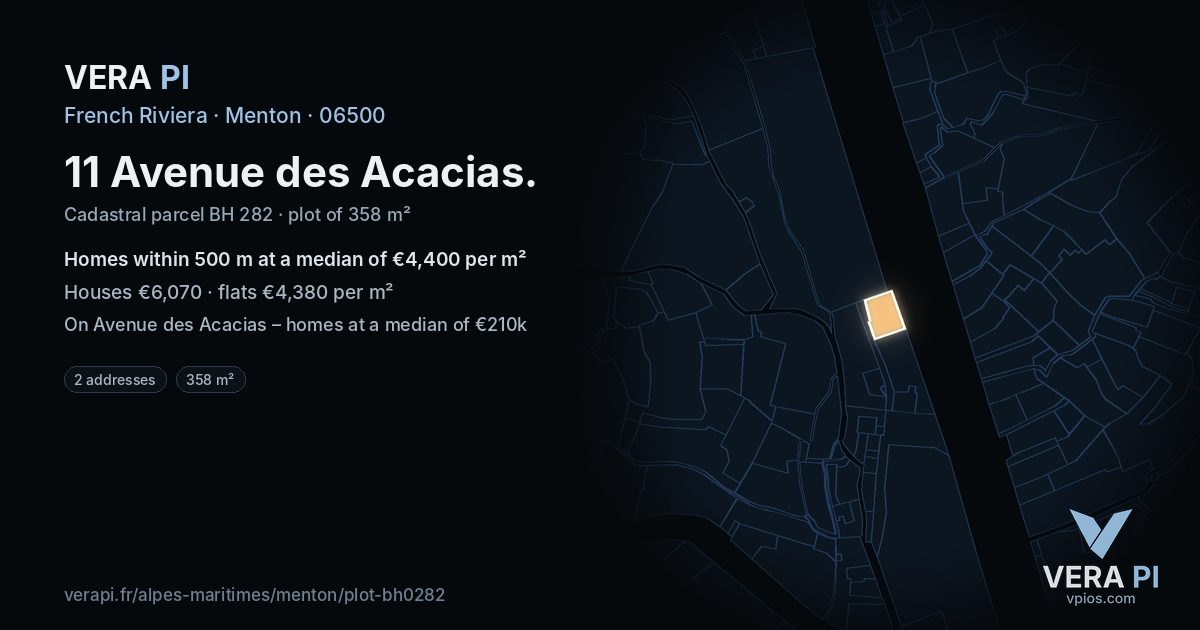 11 Avenue des Acacias, Menton at night – the plot lit, the parcels around coloured by the prices near them