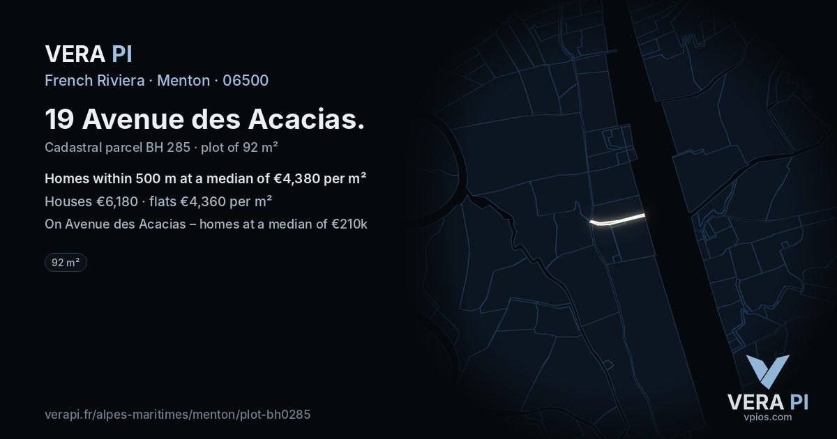 19 Avenue des Acacias, Menton at night – the plot lit, the parcels around coloured by the prices near them