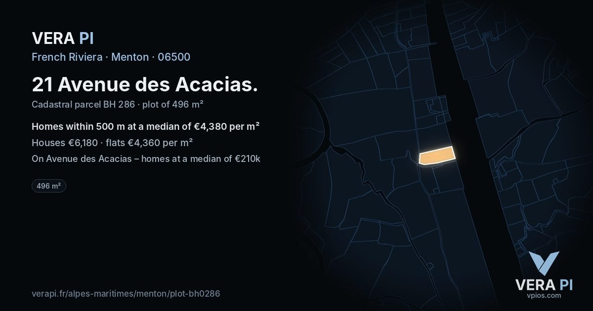 21 Avenue des Acacias, Menton at night – the plot lit, the parcels around coloured by the prices near them