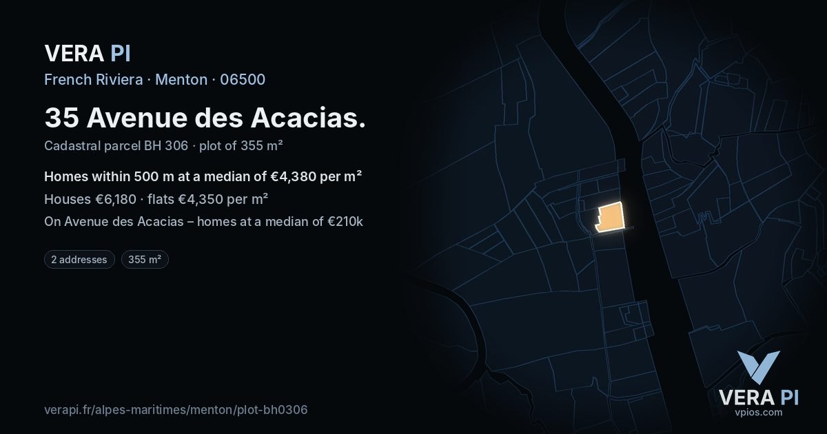 35 Avenue des Acacias, Menton at night – the plot lit, the parcels around coloured by the prices near them