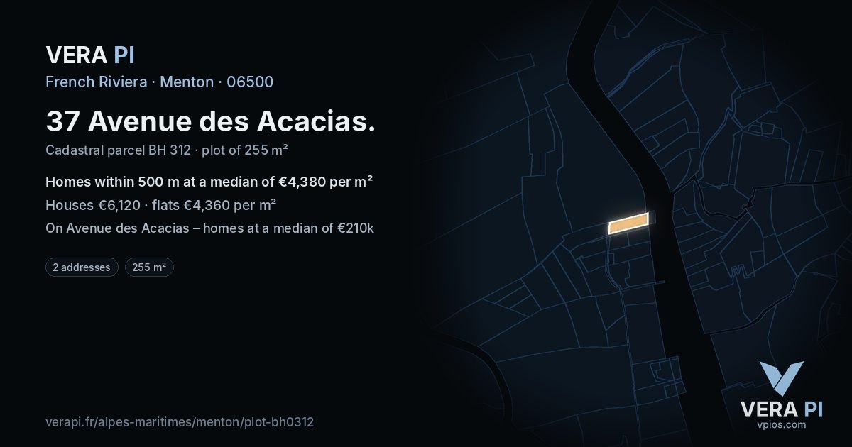 37 Avenue des Acacias, Menton at night – the plot lit, the parcels around coloured by the prices near them