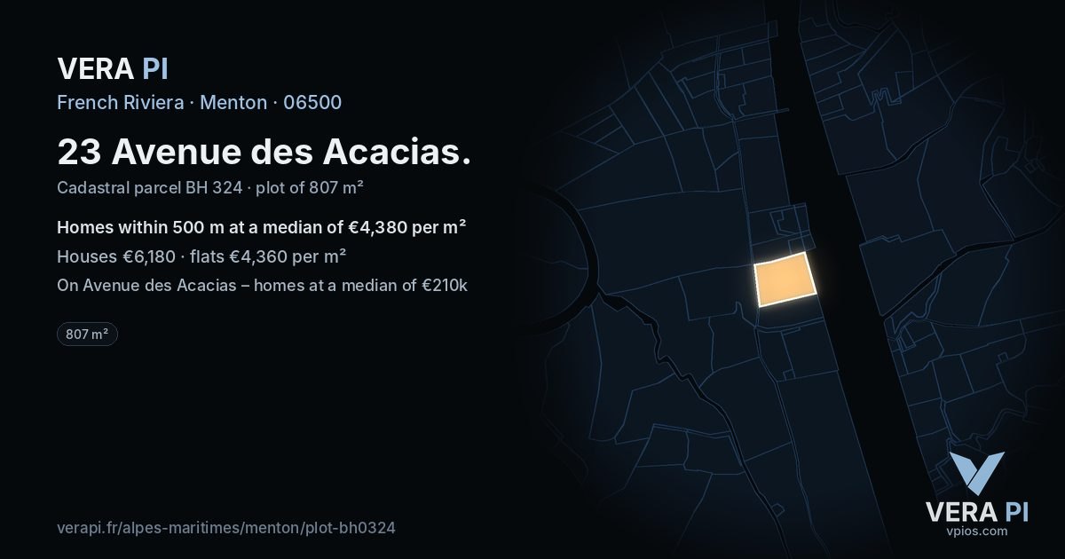 23 Avenue des Acacias, Menton at night – the plot lit, the parcels around coloured by the prices near them