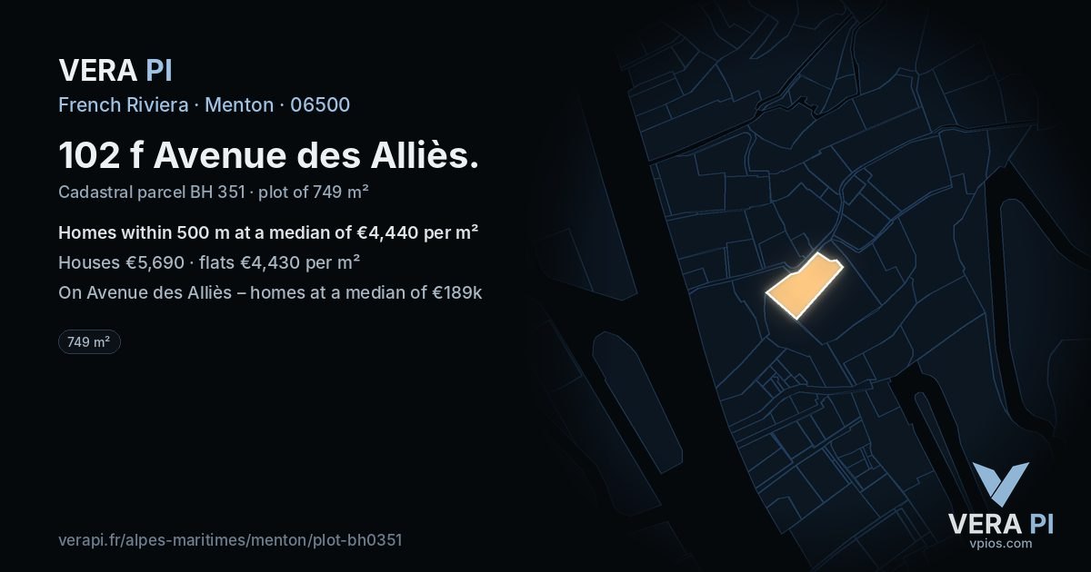 102 f Avenue des Alliès, Menton at night – the plot lit, the parcels around coloured by the prices near them