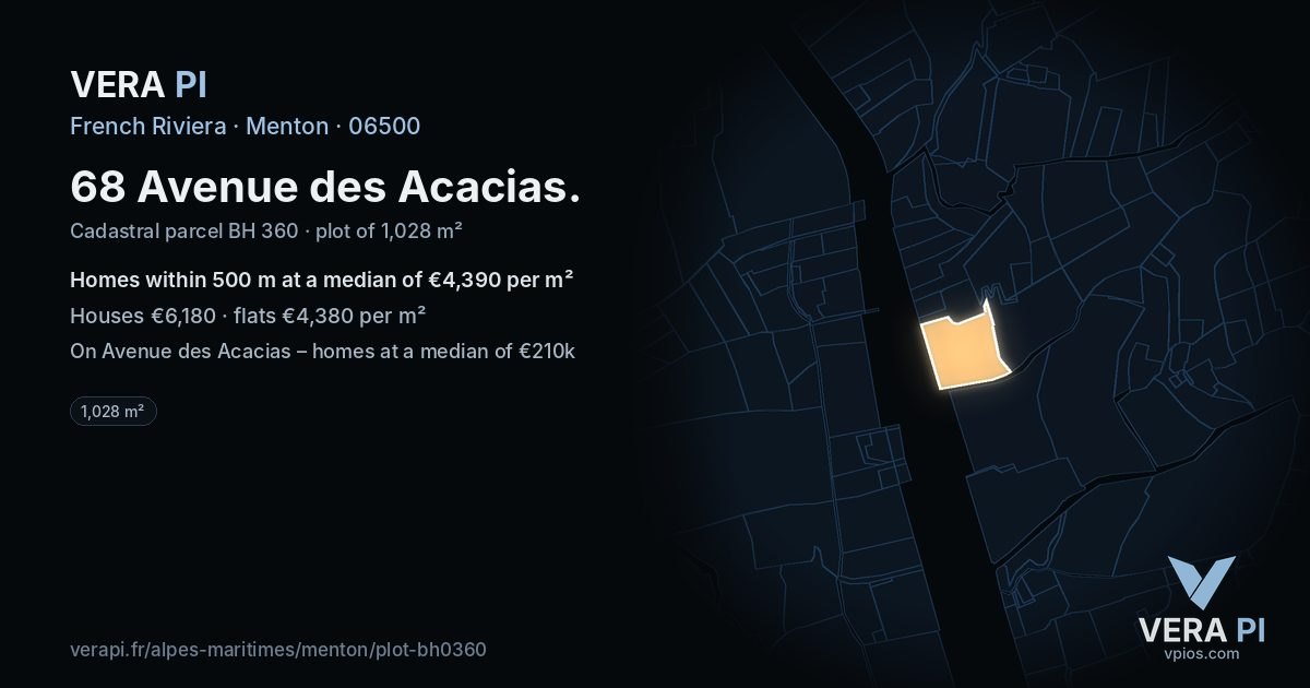 68 Avenue des Acacias, Menton at night – the plot lit, the parcels around coloured by the prices near them
