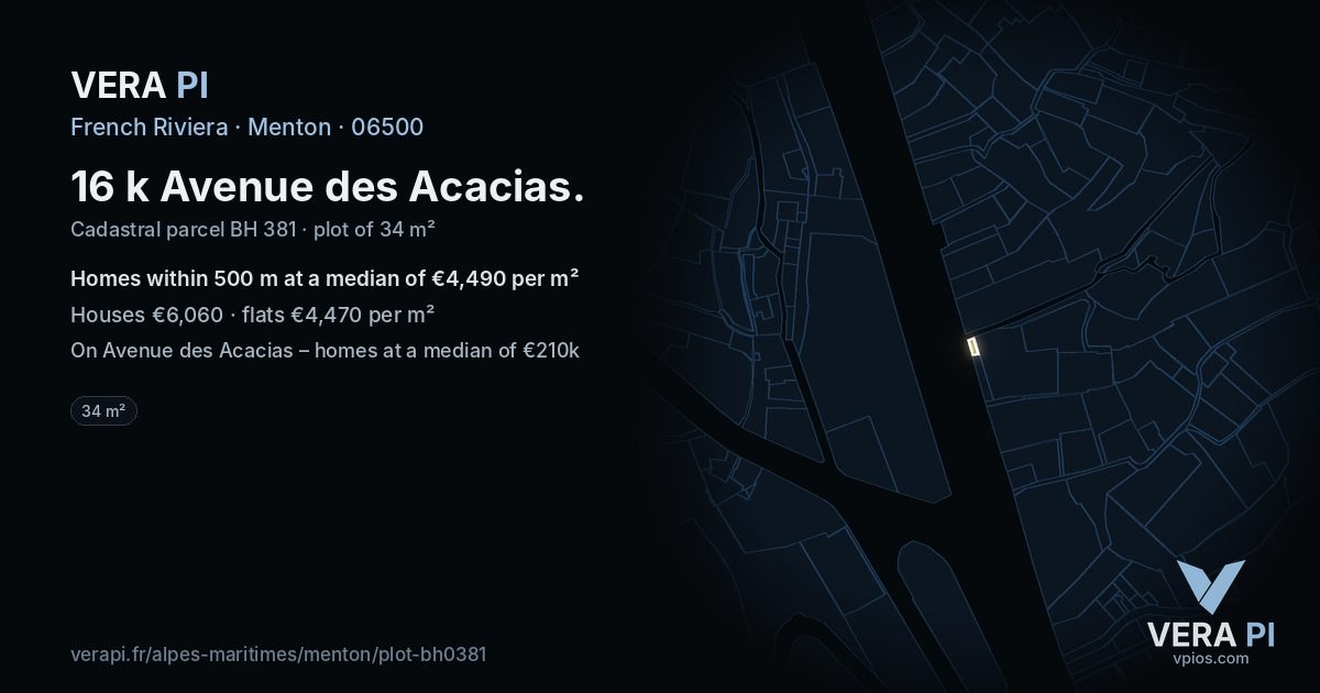 16 k Avenue des Acacias, Menton at night – the plot lit, the parcels around coloured by the prices near them