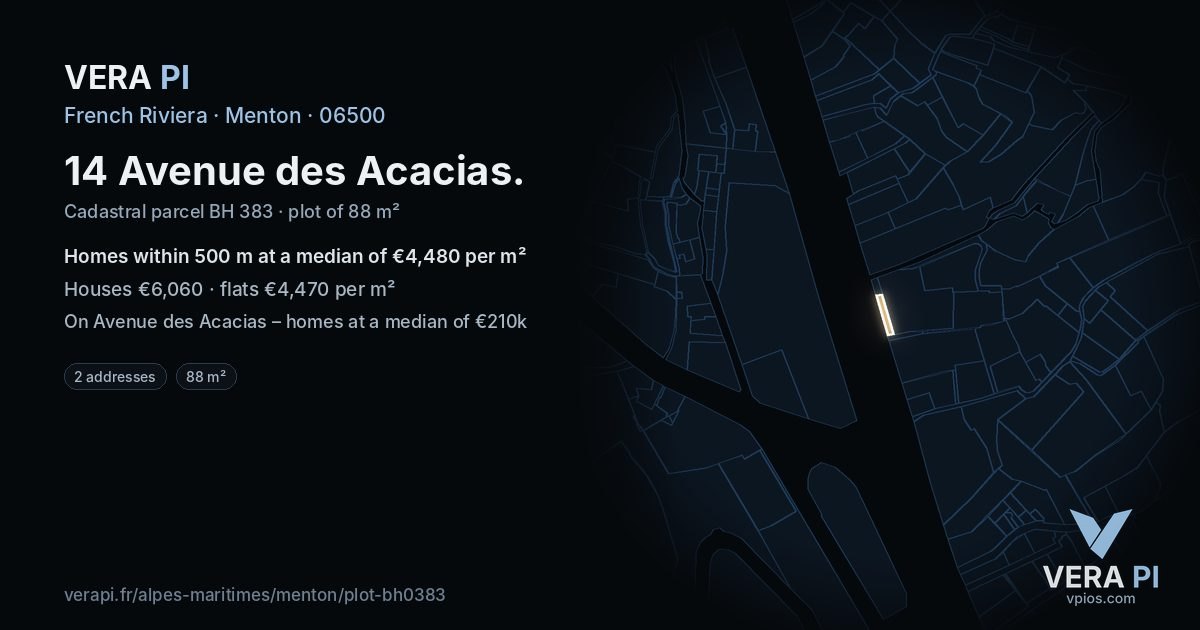 14 Avenue des Acacias, Menton at night – the plot lit, the parcels around coloured by the prices near them