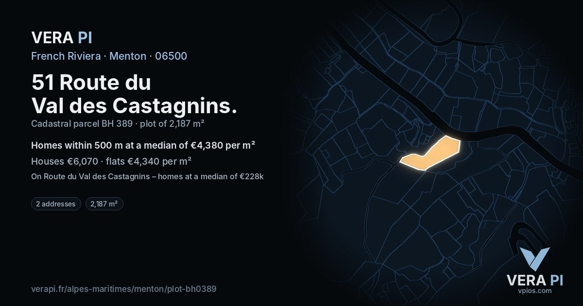 51 Route du Val des Castagnins, Menton at night – the plot lit, the parcels around coloured by the prices near them