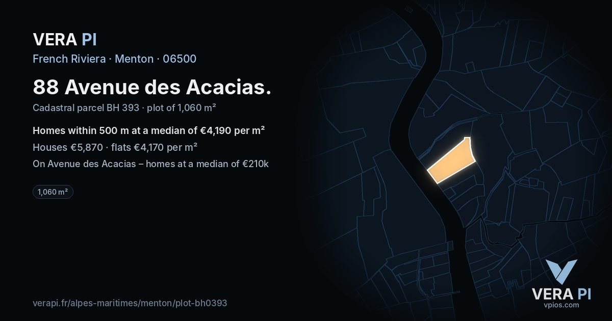 88 Avenue des Acacias, Menton at night – the plot lit, the parcels around coloured by the prices near them