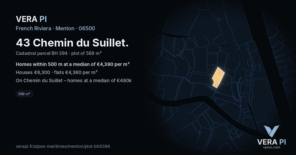 43 Chemin du Suillet, Menton at night – the plot lit, the parcels around coloured by the prices near them