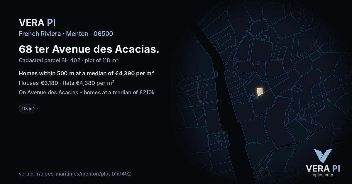 68 ter Avenue des Acacias, Menton at night – the plot lit, the parcels around coloured by the prices near them