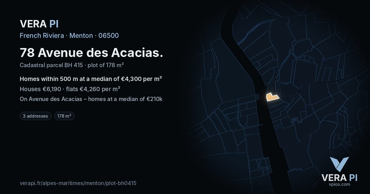 78 Avenue des Acacias, Menton at night – the plot lit, the parcels around coloured by the prices near them