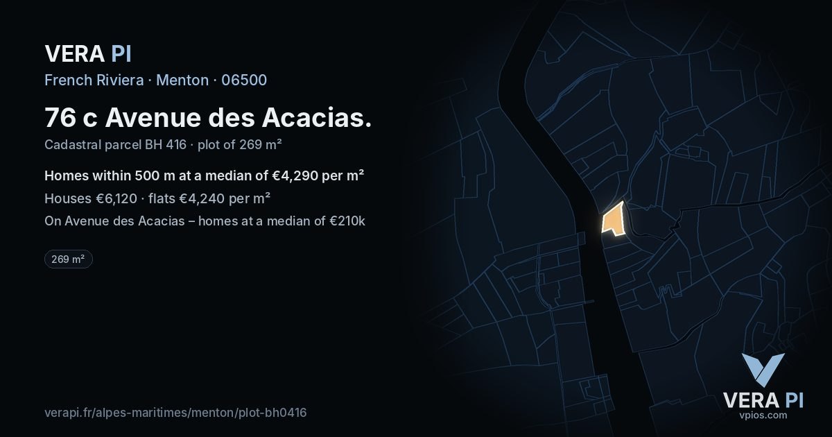 76 c Avenue des Acacias, Menton at night – the plot lit, the parcels around coloured by the prices near them