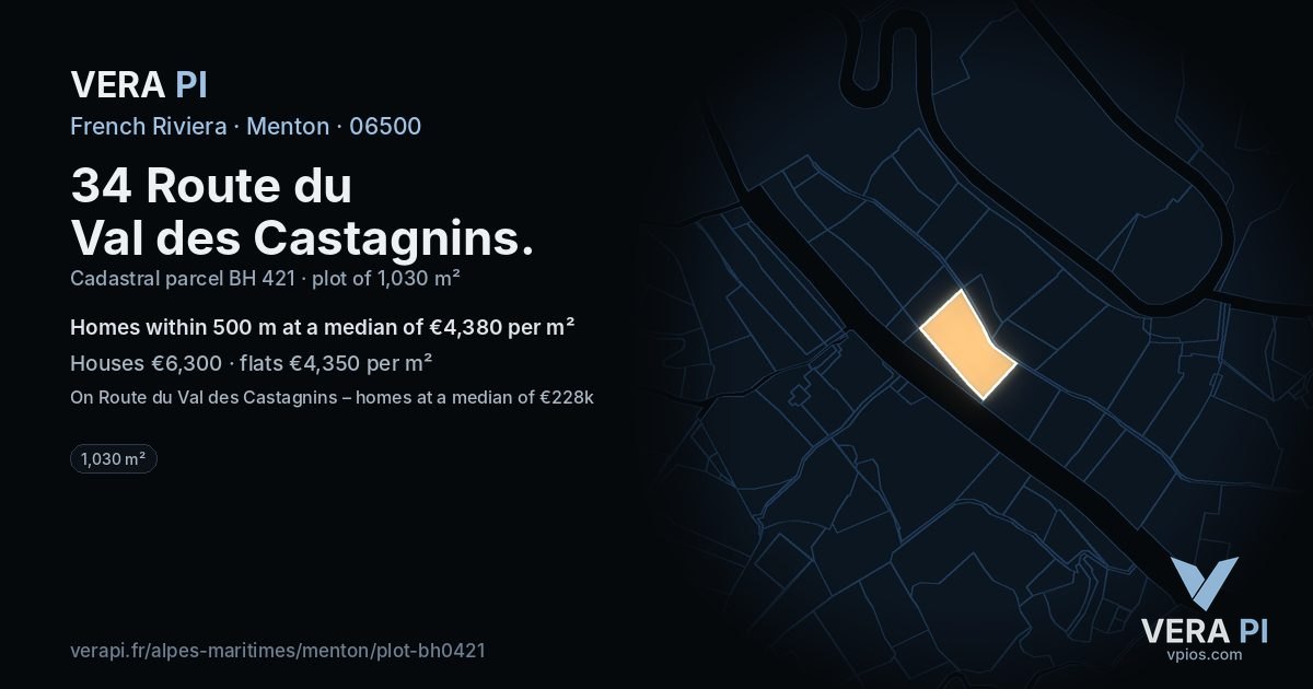 34 Route du Val des Castagnins, Menton at night – the plot lit, the parcels around coloured by the prices near them
