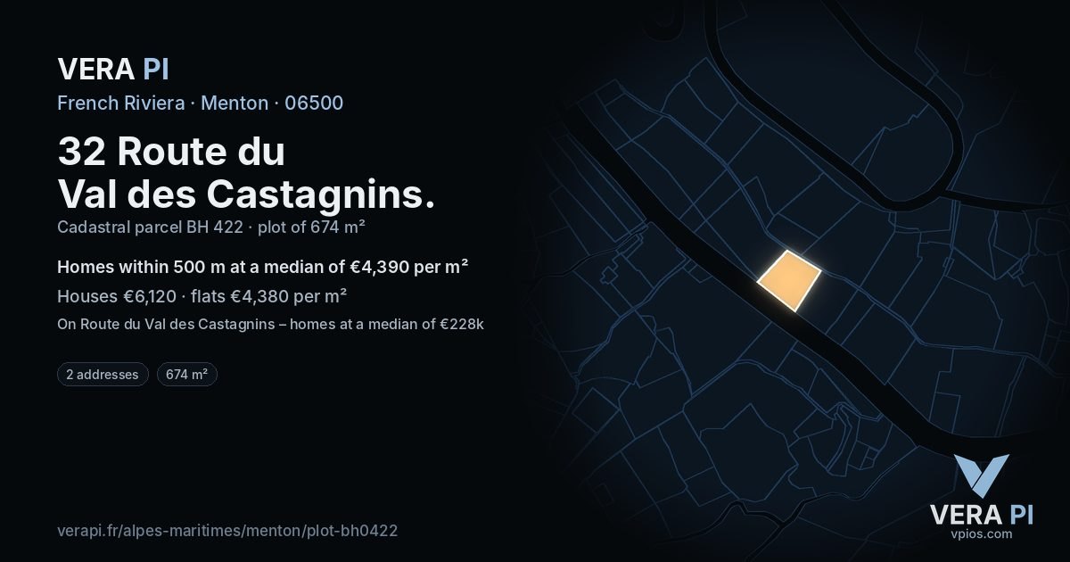 32 Route du Val des Castagnins, Menton at night – the plot lit, the parcels around coloured by the prices near them