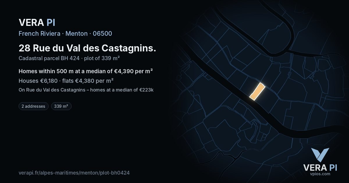 28 Rue du Val des Castagnins, Menton at night – the plot lit, the parcels around coloured by the prices near them