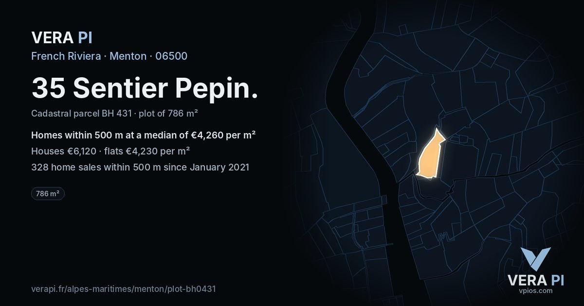 35 Sentier Pepin, Menton at night – the plot lit, the parcels around coloured by the prices near them