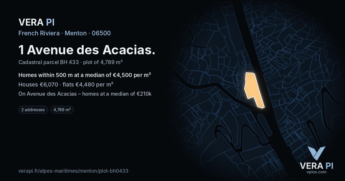 1 Avenue des Acacias, Menton at night – the plot lit, the parcels around coloured by the prices near them